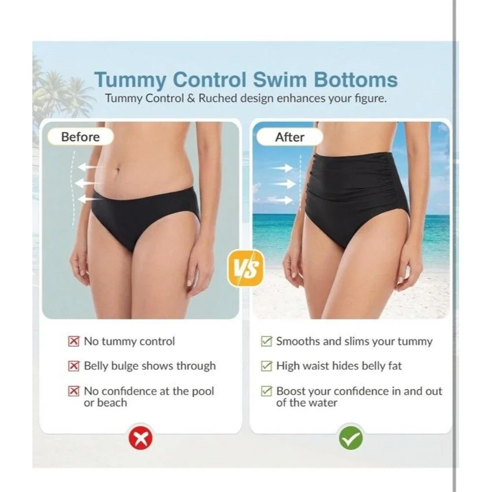 Womens High Waisted Bikini Bottoms Tummy Control Swim Bottom Ruched Full Cove...